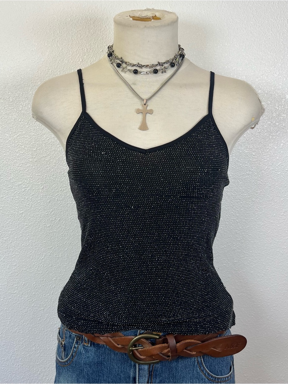 Women's Black Sparkle Spaghetti Strap Top